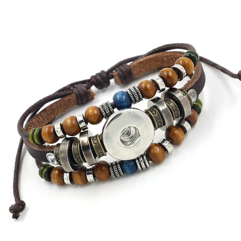 

DIY Snap Button Bracelet Vintage Punk Wooden Beads Multilayer Leather Rope Bracelets For Men Women Jewelry Accessories