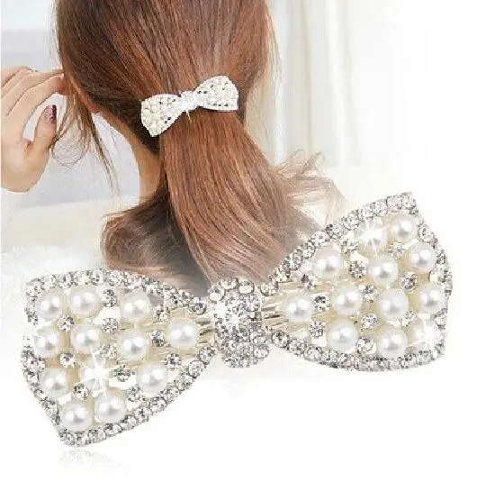 New Bowknot Gold Silver Plated Crystal Pearl Barrettes Hair Clip Hairpin Headwear For font b Women