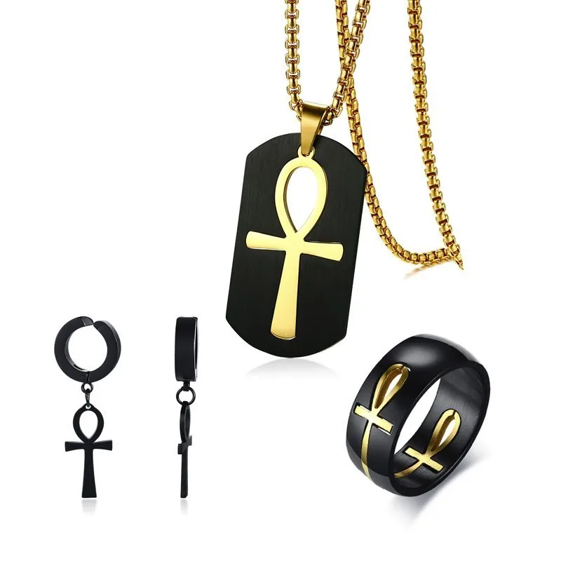 

Eternal AnkCross Cleopatra Ankh Men Jewelry Set Stainless Steel Dog Tag Cut Out Necklace and Ring Earrings Egyptian Queen Ankara