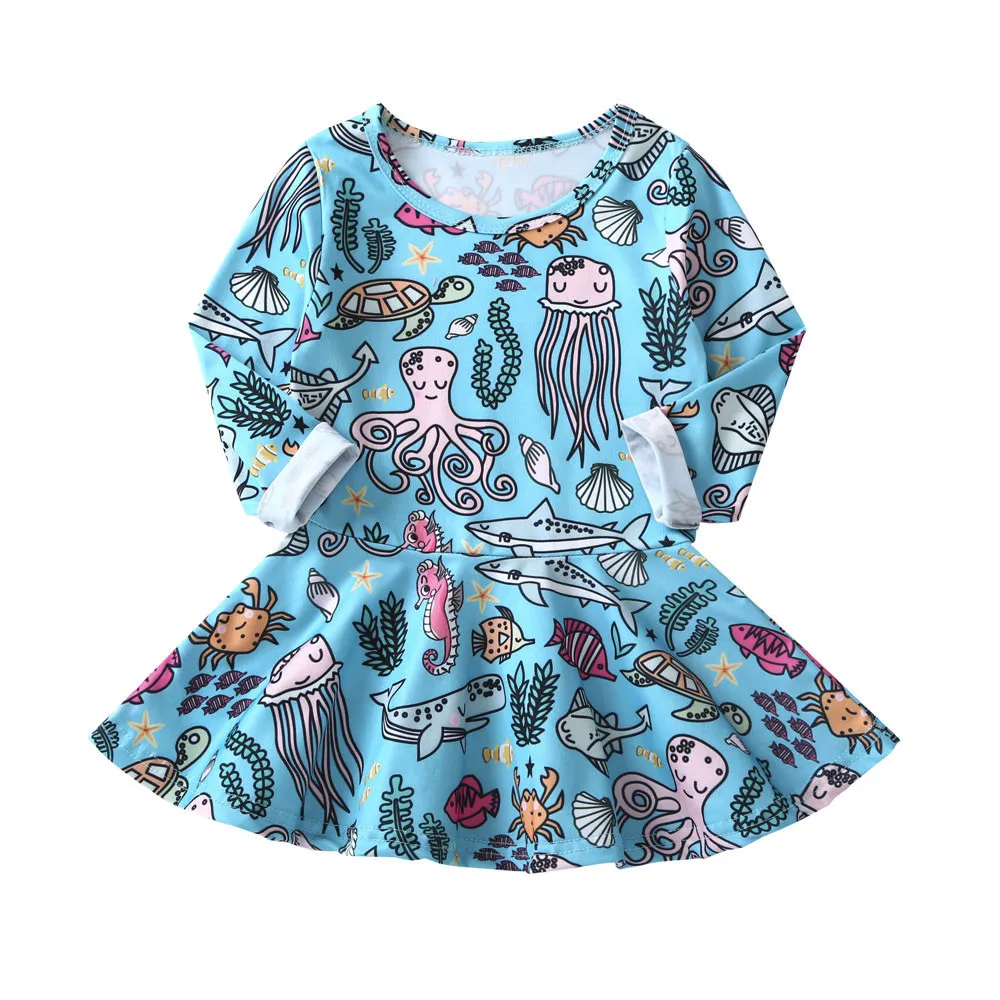 Модное платье с длинными рукавами и рисунком животных для маленьких девочек повседневные платья с круглым вырезом vestido de festa infantil - Цвет: Синий