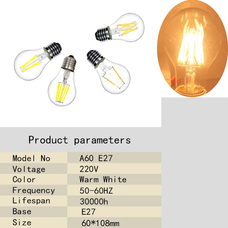 Светодиодный светильник A60 E27 AC220V 2 Вт 4 Вт 6 Вт 8 Вт комнатный светильник теплый белый кухонный стол lightr домашний декор