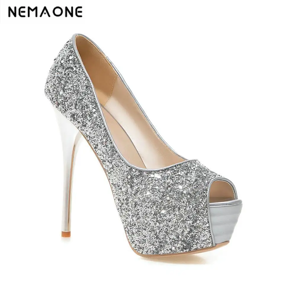 

New 2018 Women's thin High Heels Platform peep Toe summer shiny High Heels Work Pumps party dress Shoes for Women