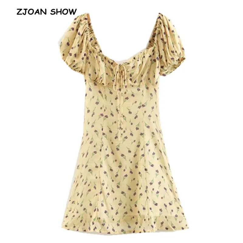 

2019 New French Tulip Flower Print Short Dress Yellow Retro Women Tide Bow Lacing Up V neck Short Puff Sleeve Mini Dresses