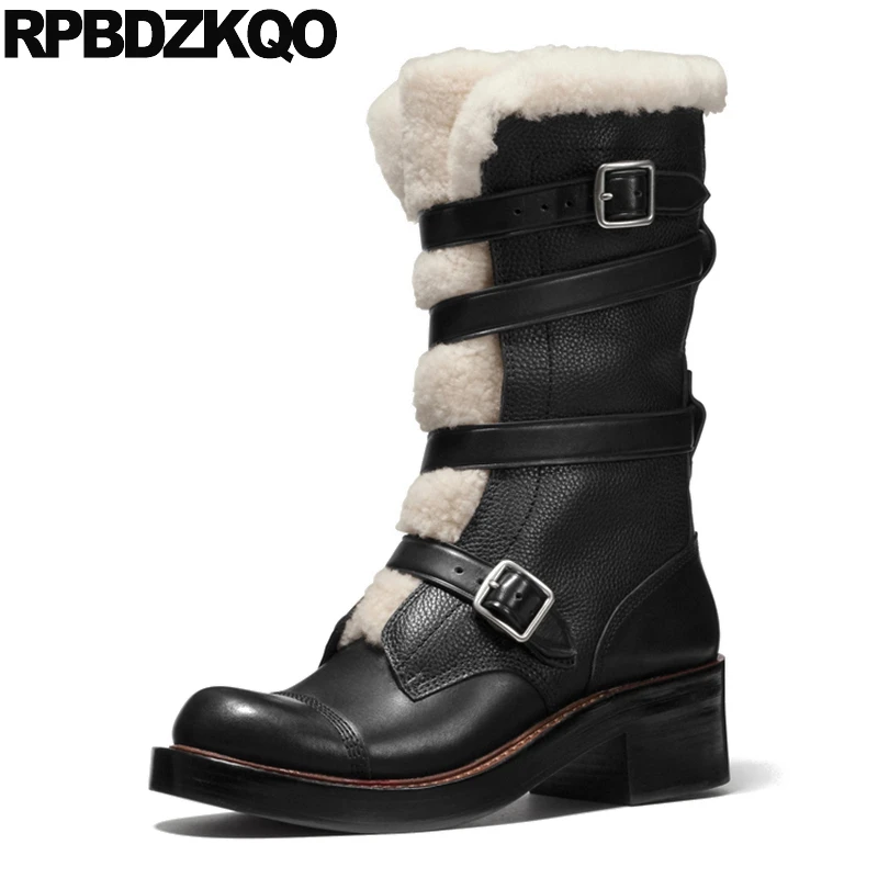 

Big Size Designer Sheepskin Shoes Mid Calf Black Celebrity Belts Real Fur 41 Brand Women Winter Boots Leather Biker Medium Heel