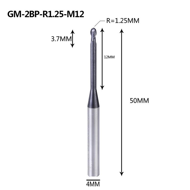 GM-2BP R1.0-R2.5 твердосплавная Концевая фреза 2 флейты с круглым носом и длинной шеей с коротким отрезным краем с покрытием фрезерный станок с ЧПУ режущие инструменты - Длина режущей кромки: GM-2BP-R1.25-M12