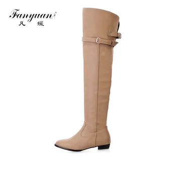 

Fanyuan Women Boots Low Heels Thigh High Boots Winter Sexy Over Knee Boots Ladies Autumn Shoes Black White Shoes Big size 46