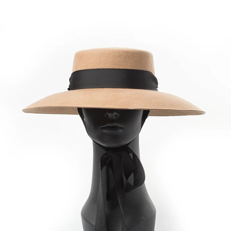 

Women Wool Warm Bowler Hat with flat circular top High Quality Fashion Woolen Felt Hat with Long Bandage Big Large Brim Hat