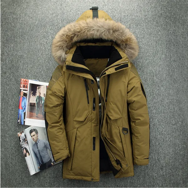 Меховые куртки-пуховики с капюшоном, мужские теплые высококачественные ветрозащитные и водонепроницаемые пуховые пальто, мужские повседневные зимние пуховики - Цвет: ArmyGreen