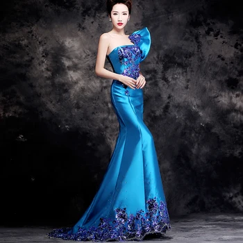 

One-shoulder Sequins Appliques Qipao Female Trailing Dress Maxi Evening Dresses Blue Luxury Sexy Novelty Cheongsam Vestidos