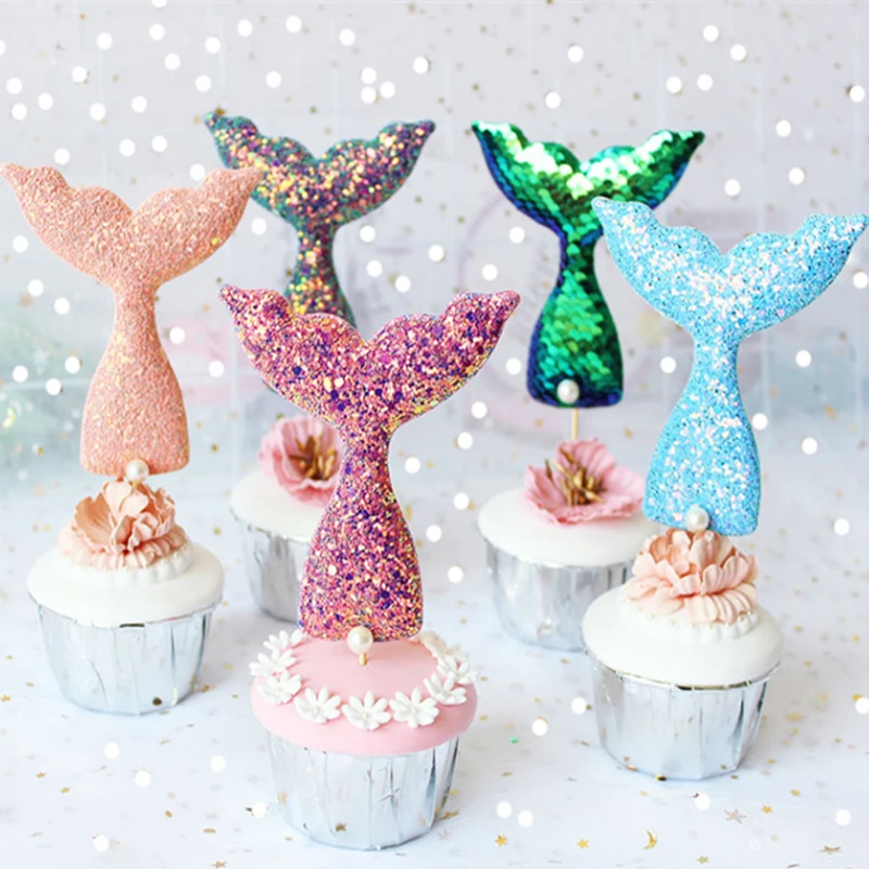 

Hawaii Party Decoration DIY Supplies 5Pcs Sequins Mermaid Tail Cake Decoration Cake Insert Birthday Party Decor Baby Shower ,Q