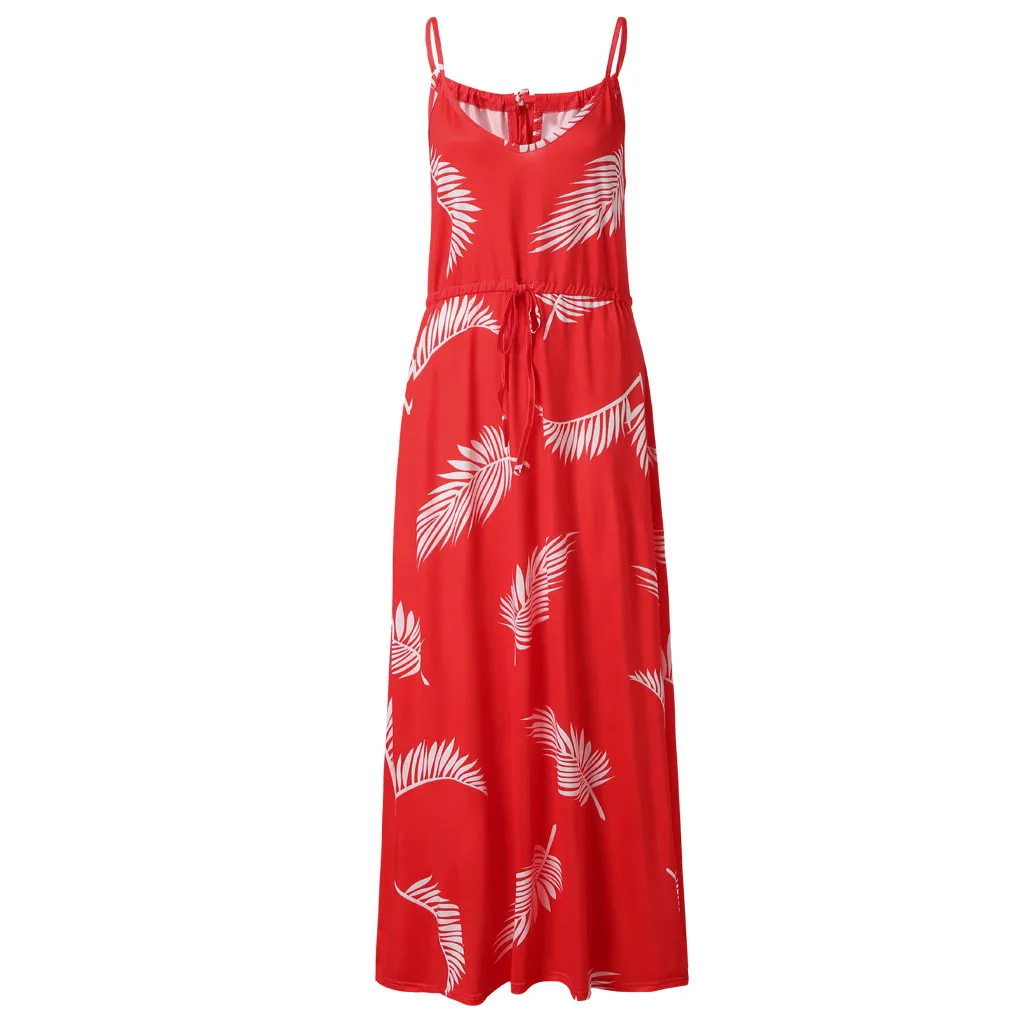 

KLV 2019 Women Sleeveless V Neck Spaghetti Strap Floral Print Beach Boho Maxi Dress free shipping D4