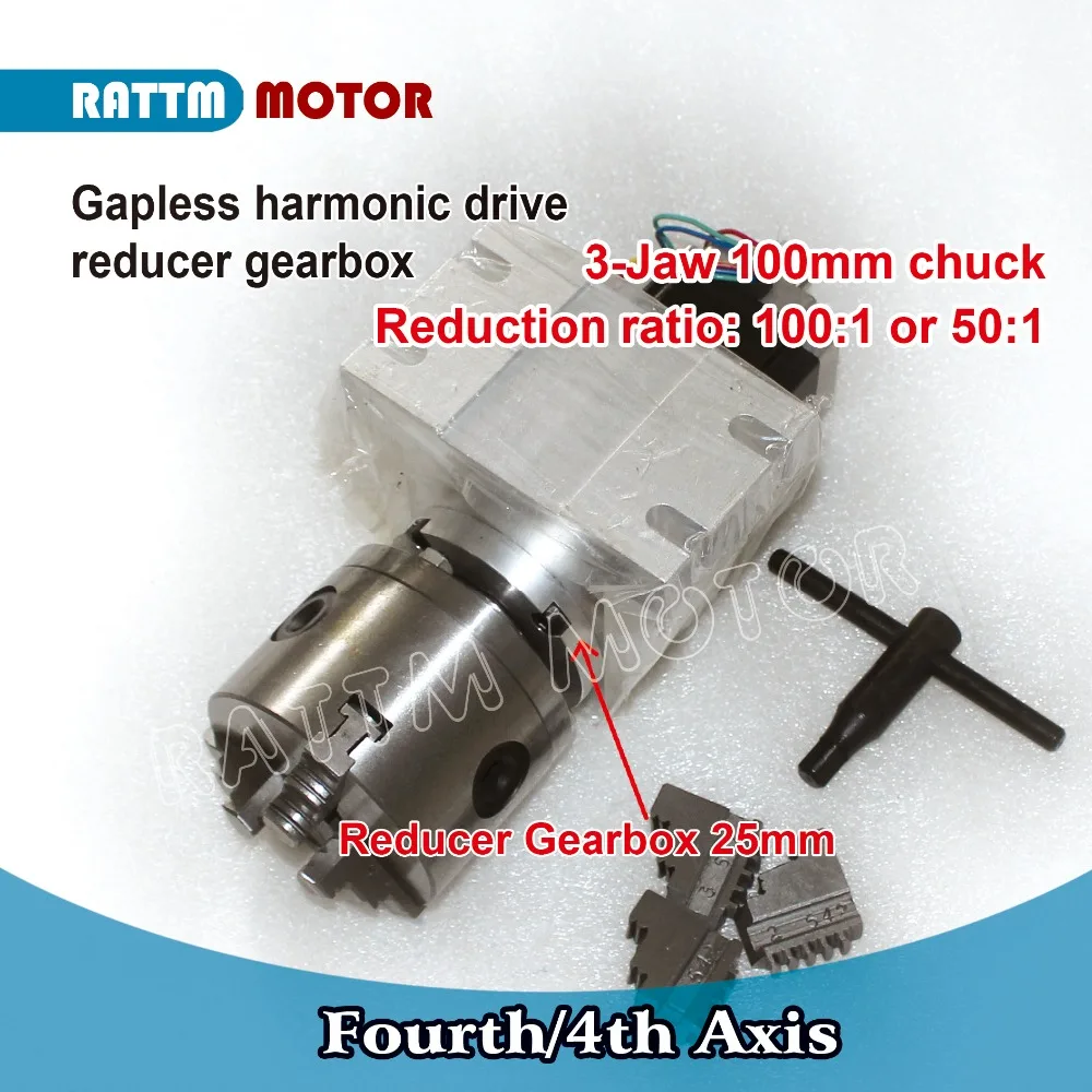 K11-100mm Rotary A Axis Rotational Fourth 4th Axis 3 Jaw Chuck Gapless harmonic reducer Gearbox dividing head Ratio 50:1 with 65mm Tailstock for CNC Router Engraving Milling Machine Changzhou Rattm Motor Co Ltd