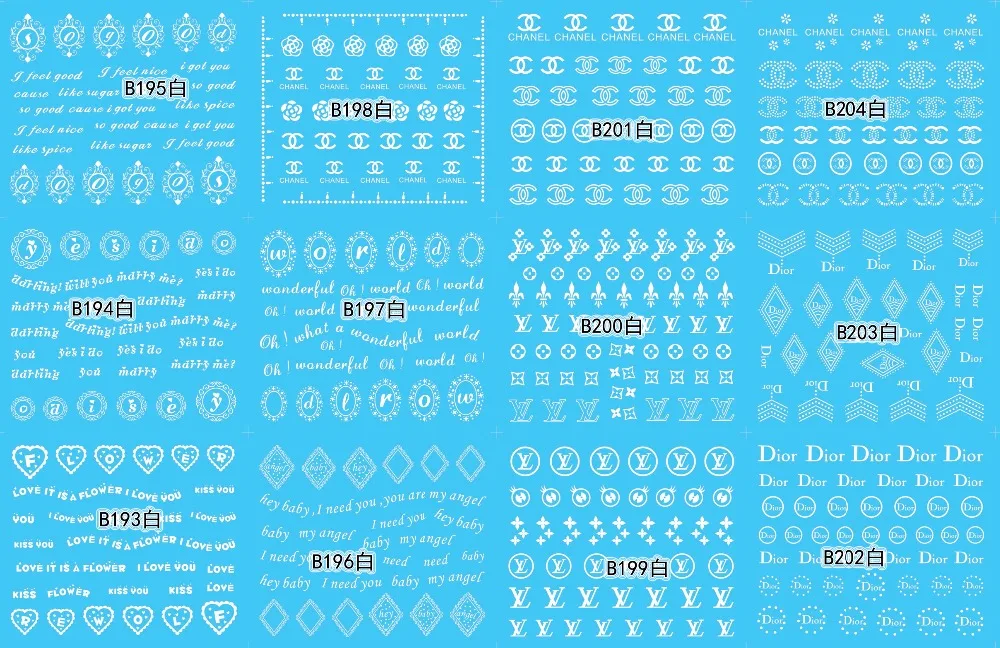 

Wholesale12sheet/Set Trademark Logo LV Letter Black/White Large Water Sticker Designs Nail Art Stickers Decals Water Tattoos