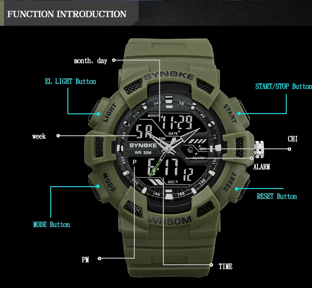 SYNOKE часы мужские спортивные Водонепроницаемые многофункциональные 50 м водонепроницаемые часы светодиодный цифровые часы двойного действия#2