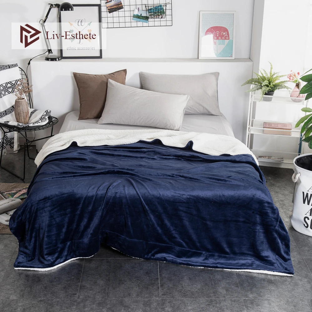 

Liv-Esthete Hot Sale Thick Sherpa Throw Blue Blanket Weighted Flannel Blanket Queen King Adult Summer For Bed Or Couch 1PCS