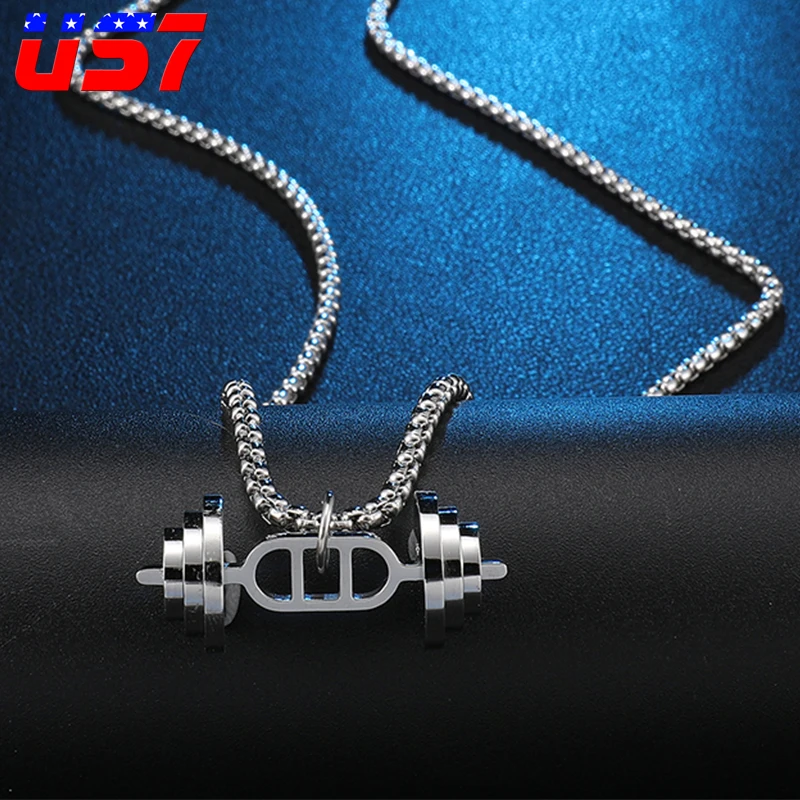 US7 Gym Fitness Necklaces& Pendants Men Stainless Steel Body Gym necklace for men Barbell Pendant Sport Jewelry