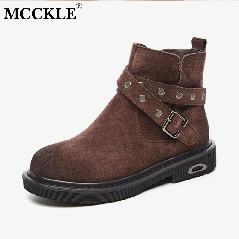 

MCCKLE Female Short Boots Autumn Warm Flock Ankle Boot For Woman Buckle Strap Rivet Low Heel Shoes Zipper Patchwork Footwear
