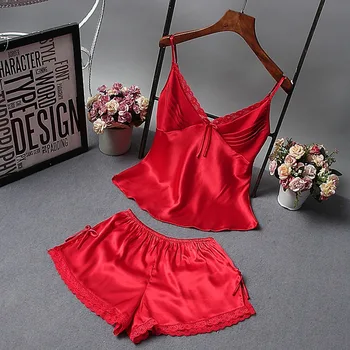 

2PCS/Set Summer Casual Sexy Deep V-Neck Nightgown Home Camisole Sets Imitation Silk Lace Bow Pajamas Women