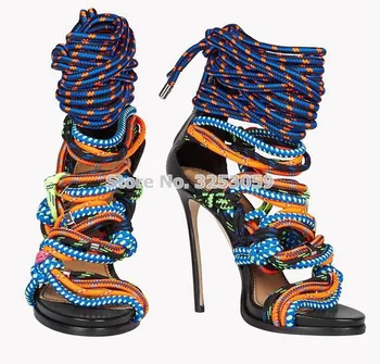 

European Style Unique Design Multi-color Rope Sandals Sky High Heel Dress Shoes Colorful Rope Knot Tie-up Nightclub Party Shoes