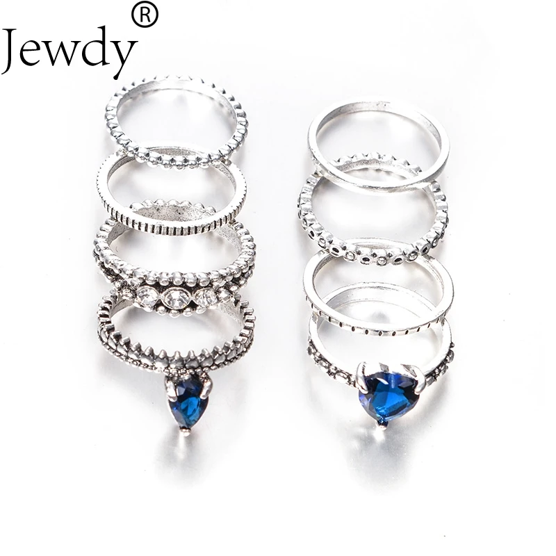 Набор колец с кристаллами Jewdy blue heart для женщин серебряная в стиле бохо набор миди