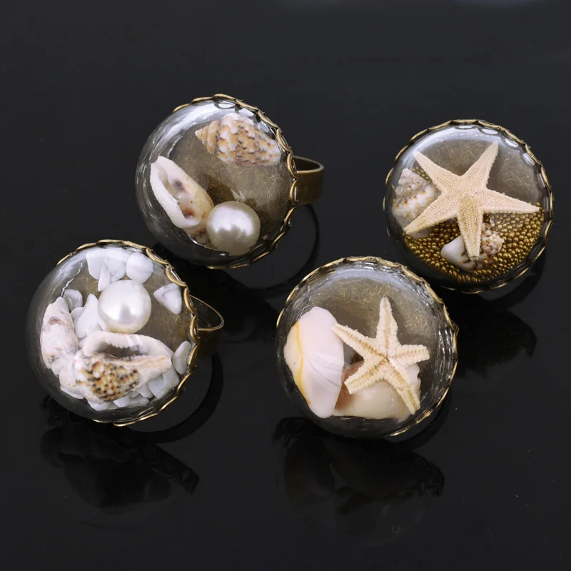 

Houbian 4Styles Vintage Unique Adjustable Glass Shell starfish Rings For Women Ladies Party Jewelry Handmade Artwork Gifts Hot