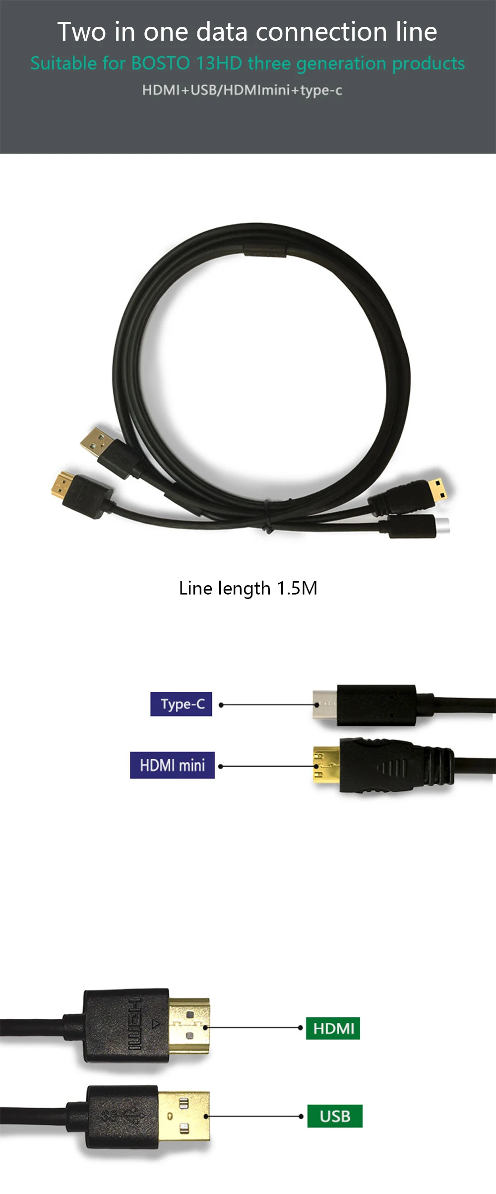 Bosto 13HD, 16HD, 16HDK, 16HDT, BT-16HD, BT-16HDK, BT-16HDT кабель 2 в 1(USB и порт type C) для рисования планшета