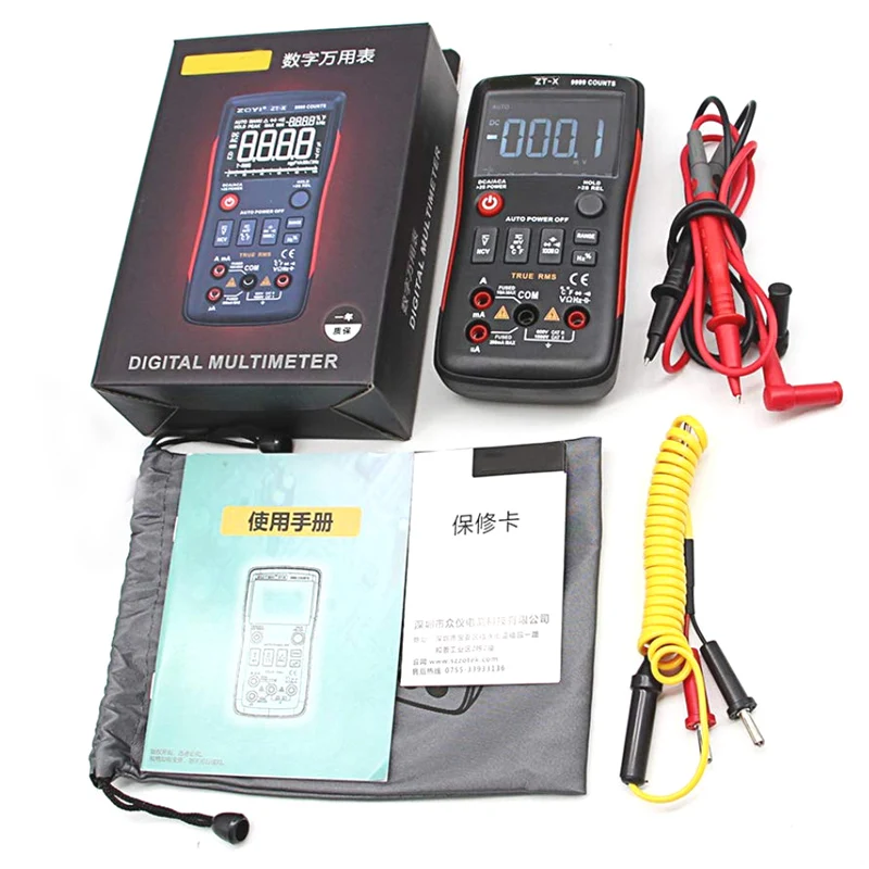 

ZT-X True-RMS AUTO Range Digital Multimeter AC/DC Voltmeter Ammeter 9999 Counts NCV Data Hold LCD Backlight Display