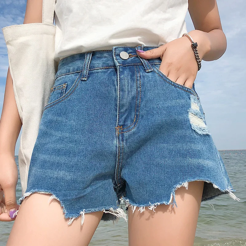 GUUZYUVIZ 2018 Лето Высокая Талия Рваные джинсы шорты для Для женщин Повседневное отверстие плюс Размеры Винтаж мини-шорты сексуальные джинсовые