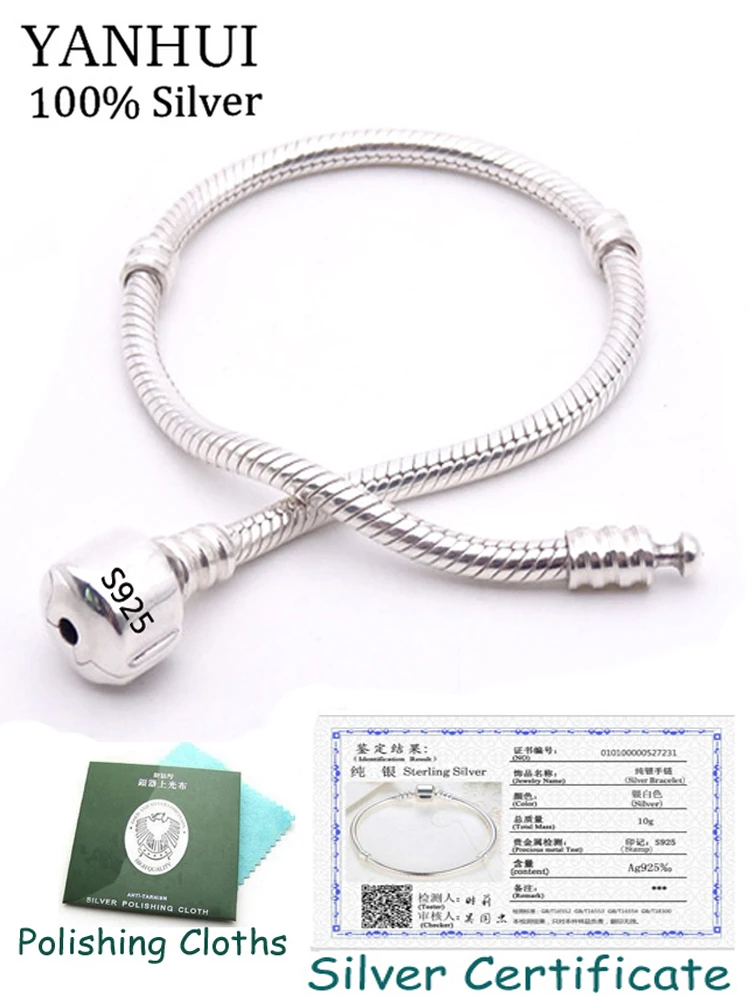 

YANHUI Certified Jewelry Real Original 925 Sterling Silver Wedding Charm Bracelet Bangle for Women DIY Gift Size16cm-23cm B00530