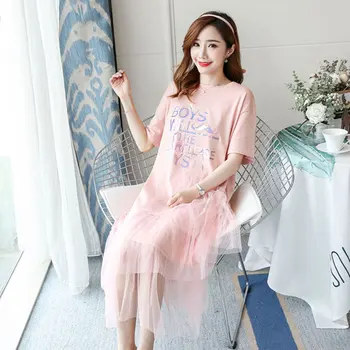 

Summer new colorful embossed mesh stitching loose comfortable pregnant women dress pregnancy skirt