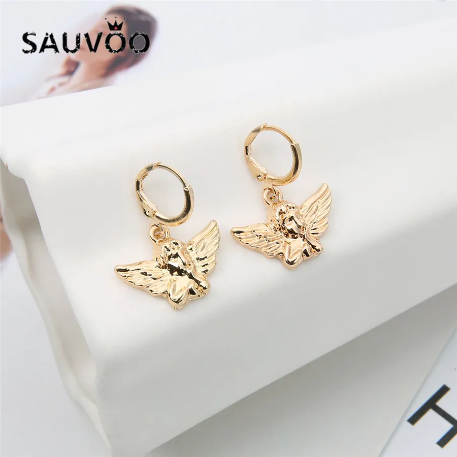 

SAUVOO 1Pair/lot Fashion Alloy Angel Charm Earrings For Women Trendy Gold Rhodium Color Metal Drop Earrings Lover Luxury Jewelry