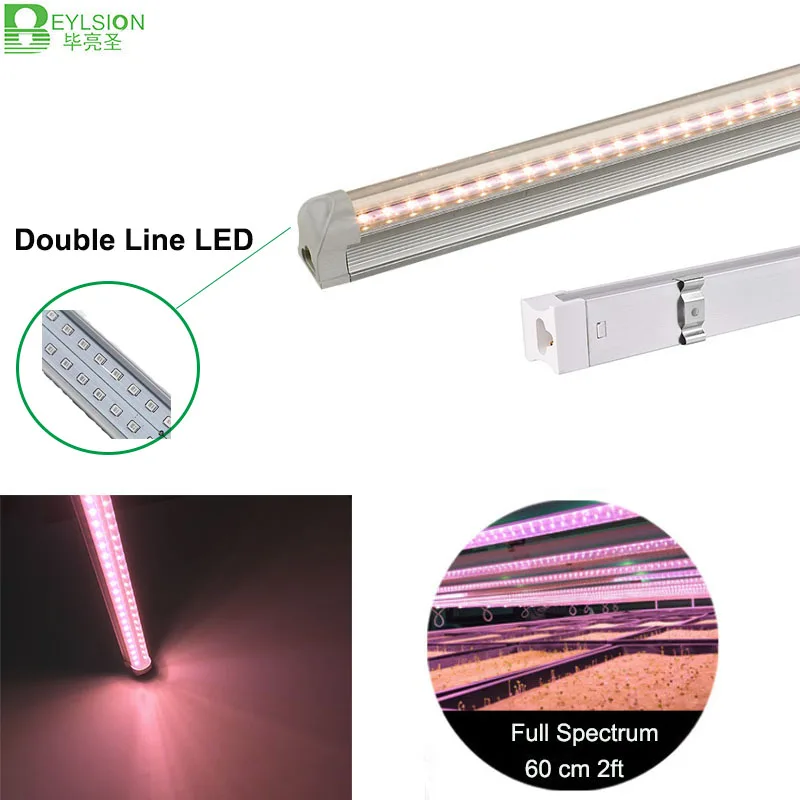 

BEYLSION AC85-265V T8 Tube Full Spectrum Hydroponic LED Grow Light Bar 60CM 18W Double Line LED Plant Grow Lamps 10 Pieces/ Lot