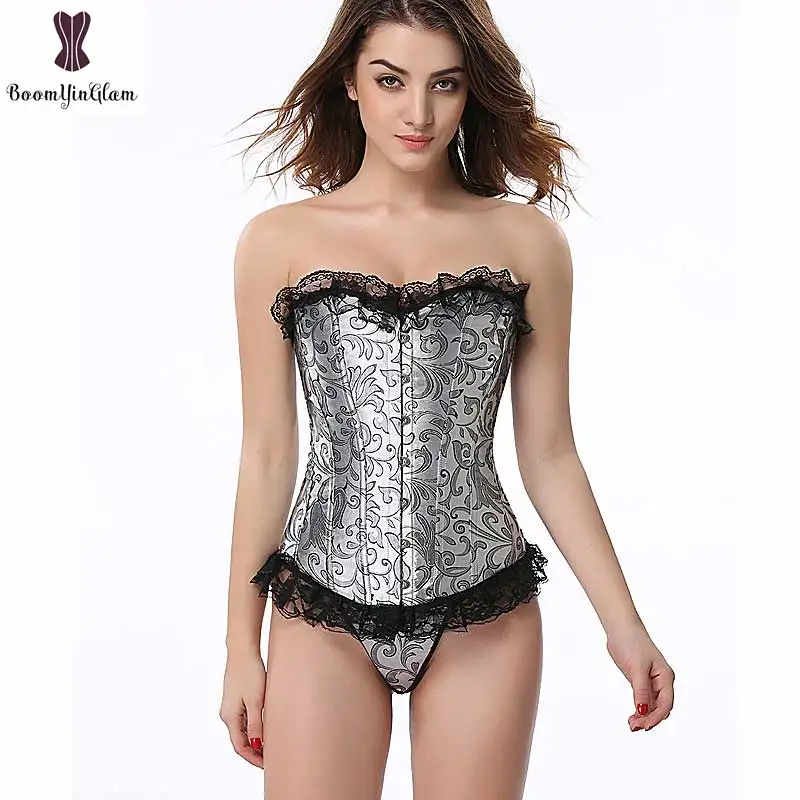 Buy Silver Corset Jacquard Floral Overbust Korsett For