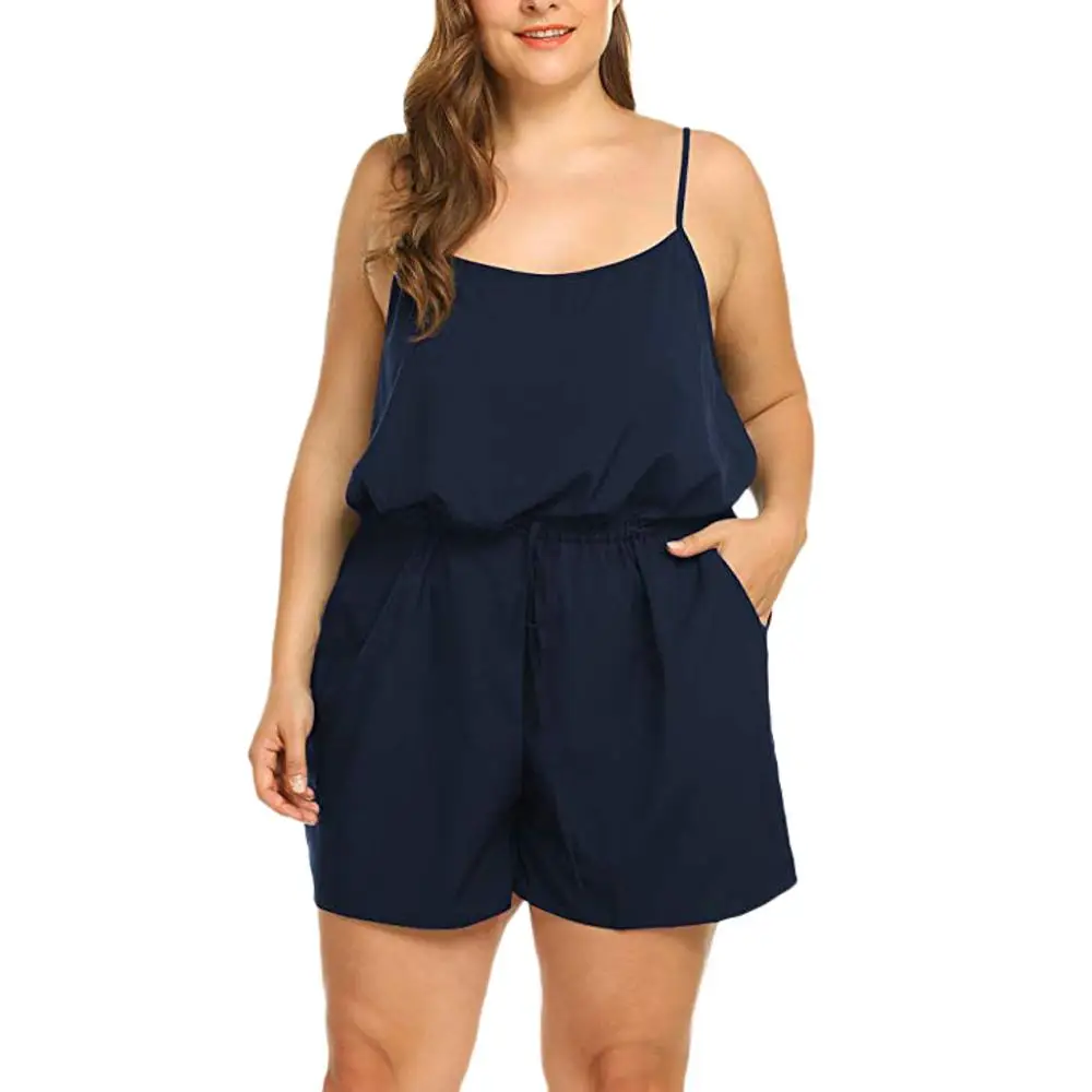 Women Summer Sleeveless V-Neck Spaghetti straps Rompers summer Solid color High Waist Jumpsuits Rompers Plus Size 5XL ED - Color: Dark Blue