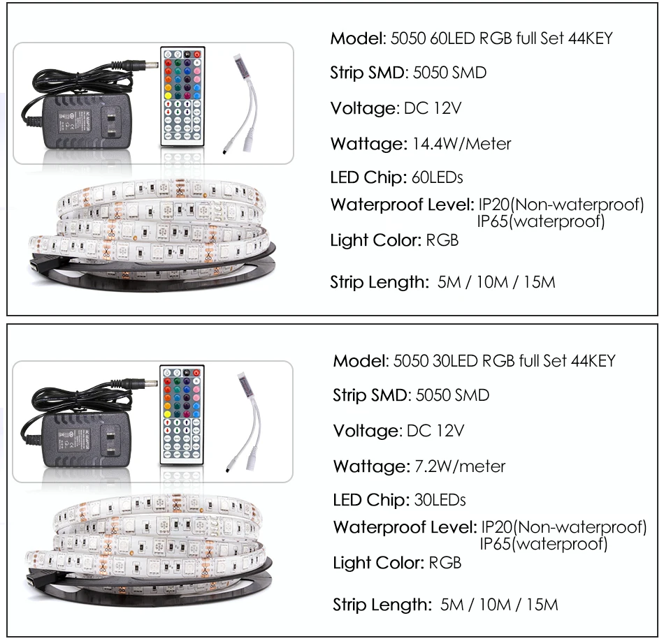 Светодиодный светильник DC 12 В RGB SMD 2835 5050 Гибкая Диодная лента 5 м 10 м 15 м 44Key полный комплект водонепроницаемый светильник ing