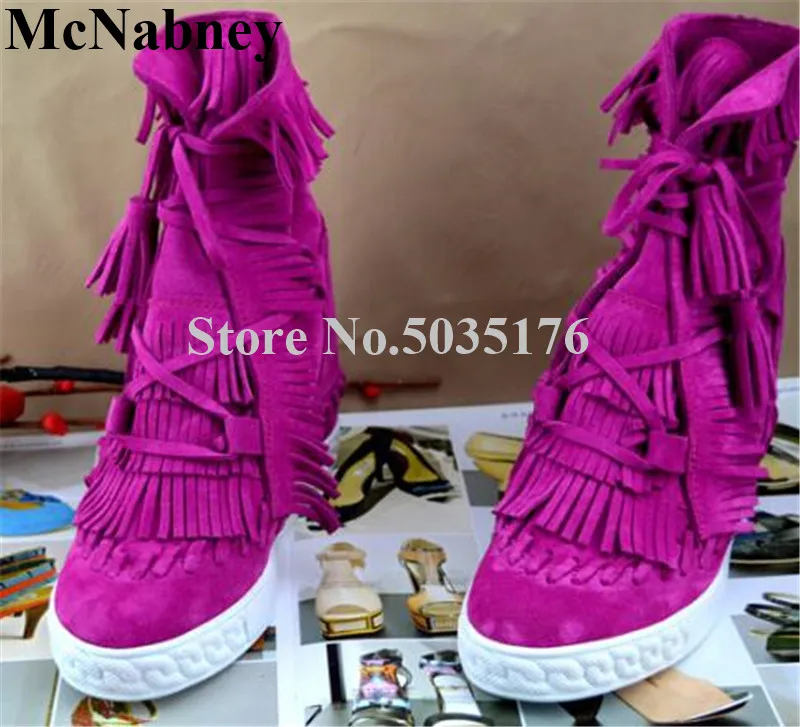 

2019 European Fashion Flock Solid Fringe Ankle Strap Round Toe Height Increasing Short Boots Lace-Up Spring/Autumn Women Shoes