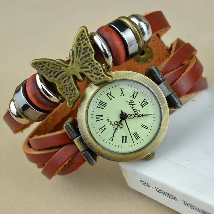 Cheapest Clearing Stock Best Hot Selling Women Genuine leather Bracelet Watch Dress Watches leaf Vintage WristWatch