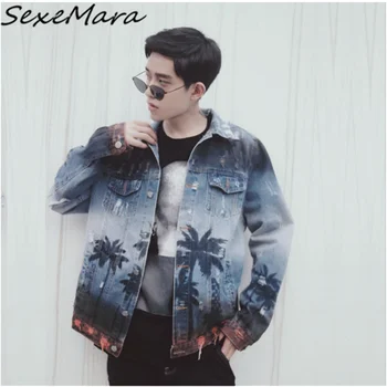 

Casual Print Fall Denim Jacket Women Loose Long Hollow Out Fashion Denim Jacket Plus Size 2019