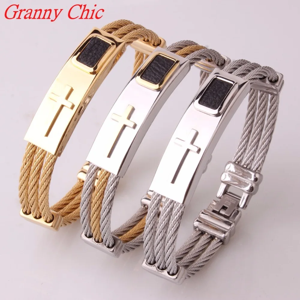 

Granny Chic Fashion Male Cross Cable Bangles Twisted Silver Gold Stainless Steel Jesus Cross Charm Cuff Wire Bracelets Jewelry