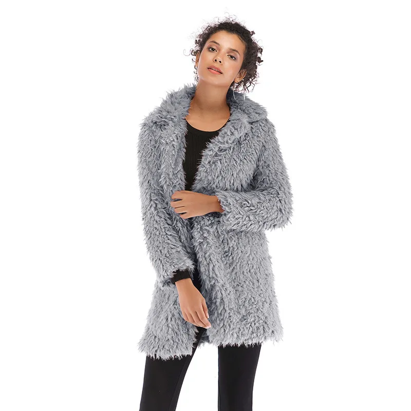 Aelegantmis осенне-зимнее женское пушистое пальто из искусственного меха с отложным воротником, меховые пальто с длинным рукавом, женское повседневное пальто, верхняя одежда - Цвет: Серый