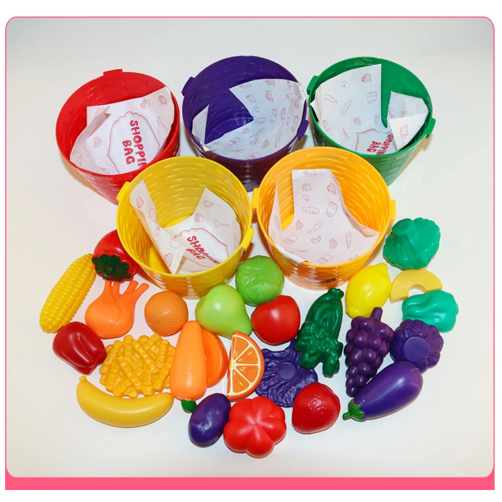  Pretend Role Play 25 Pieces Fruits Vegetables & 5 Baskets Farmer's Market Color Sorting Children Early Learning Cognition Toy