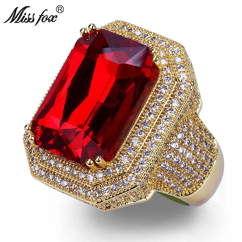

HOT!!! Hip Hop High Quality Square Ruby Rings Men Super Luxury Brand Full Micro Pave CZ Diamond Bling Wedding Rings Men Jewelry