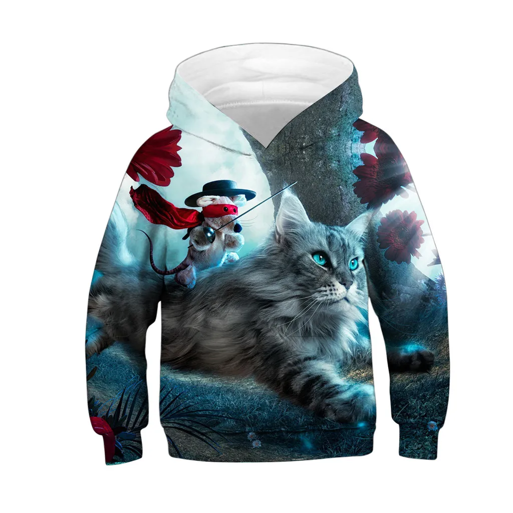 Teen Kids Girl Boy Cat Fleece Print Cartoon Sweatshirt Pocket Pullover