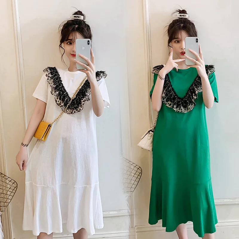 

2019 Summer Loose Short Sleeves Fashion Cotton Maternity Dress Green Casual O-neck Leopard Ruffles Collar Pregnancy Women Dress