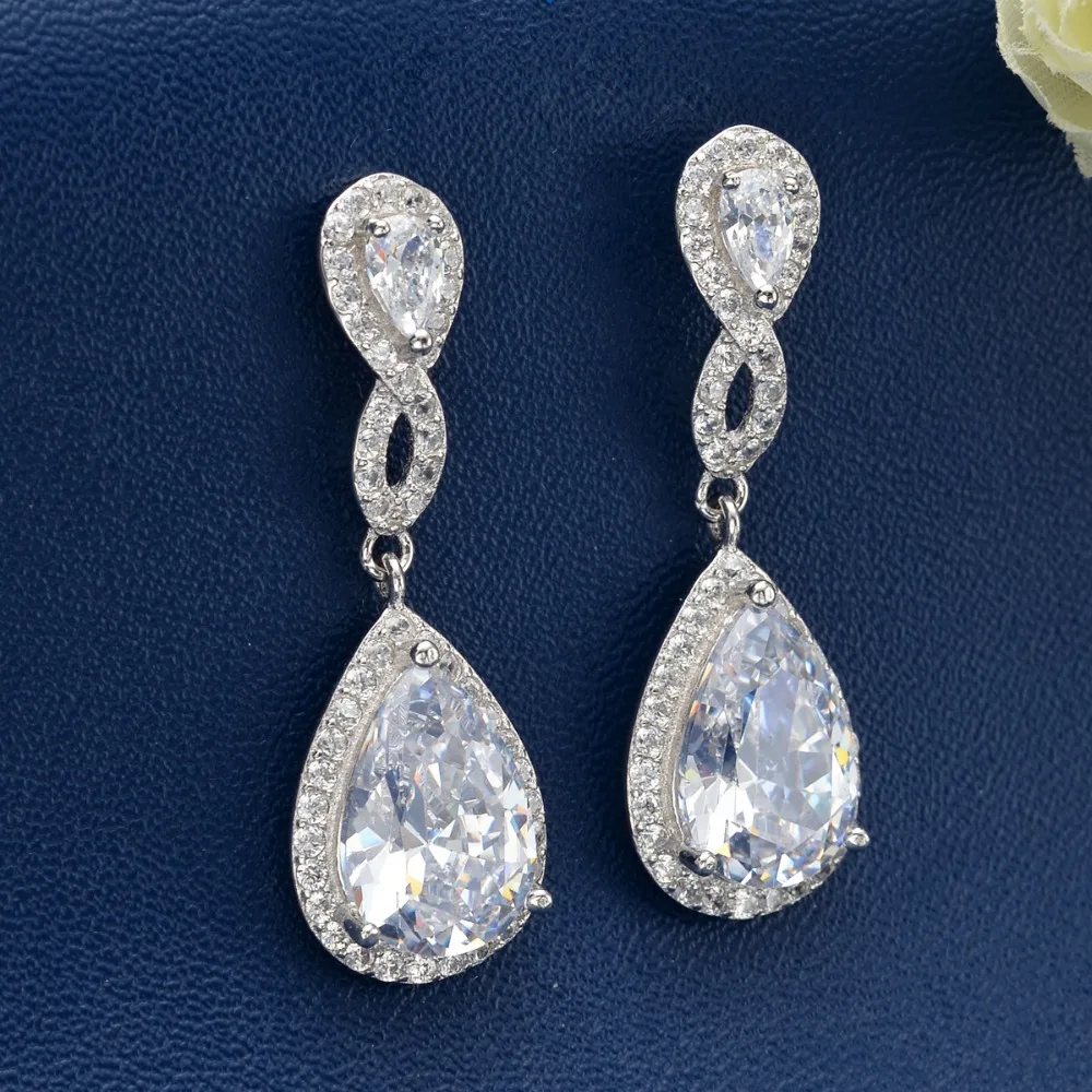 

BELLA Fashion 925 Sterling Silver Teardrop Bridal Round Cubic Zircon Dangle Earrings For Wedding Bridesmaid Party Jewelry
