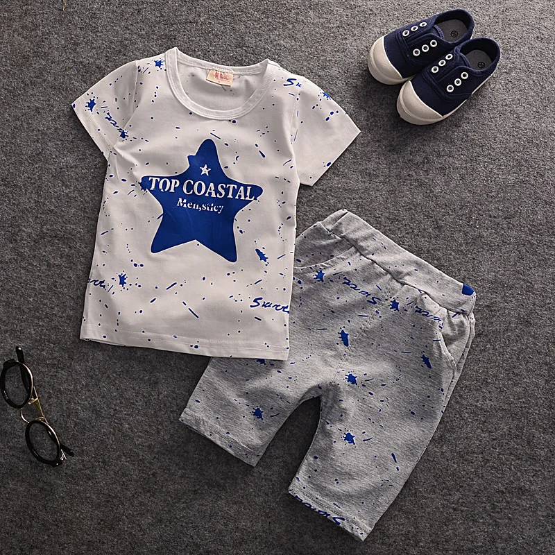 Г. Лидер продаж, розничная, новая одежда для маленьких мальчиков детская одежда голубые детские футболки с короткими рукавами и рисунком звезды+ брюки, летняя детская одежда, костюмы, Bebes