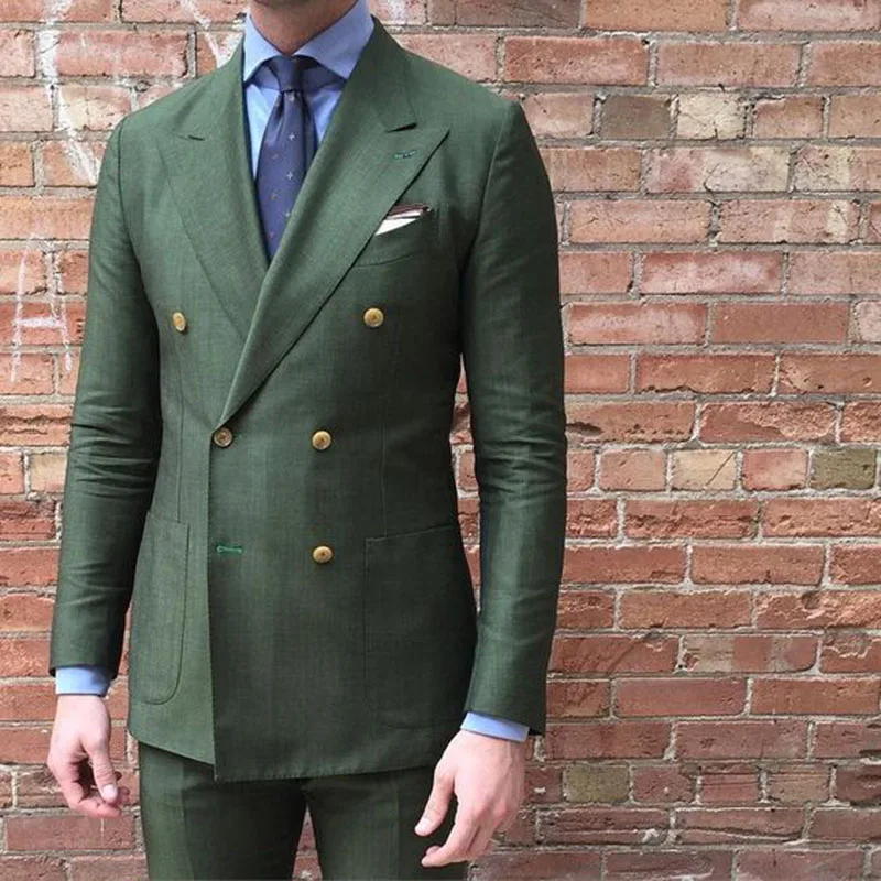 2017 Double Breasted olive Green Men wedding Suit Terno