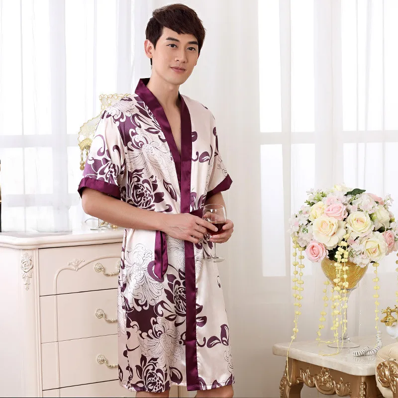 Летняя ночная рубашка, мужские пижамы, кимоно, банное платье из искусственного шелка, пижамы, повседневные шелковые пижамы, Размеры M, L, XL, XXL - Цвет: A2