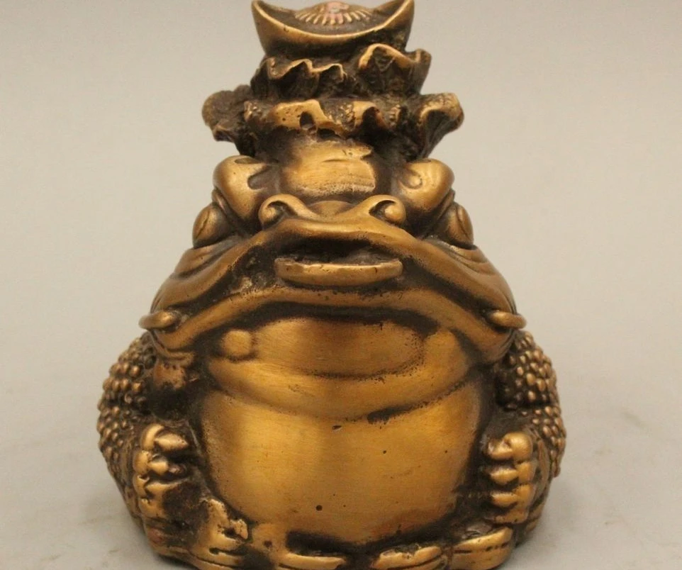 

4" China Chinese Folk Fengshui Bronze Wealth Golden Toad Spittor Cabbage Statue