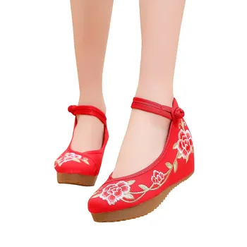 

SAGACE Ladies Casual Shoes Med (3cm-5cm) Women's Embroidered Shoes Increase National Wind Canvas Round Head Shoes
